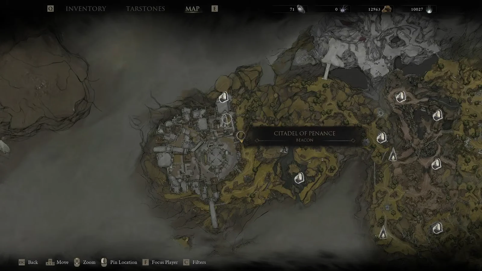 World map with the Citadel of Penance beacon highlighted for travel