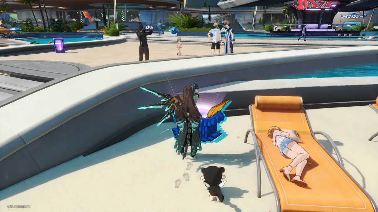 Character standing beside the highlighted blue Interplanar Jump machine at the poolside