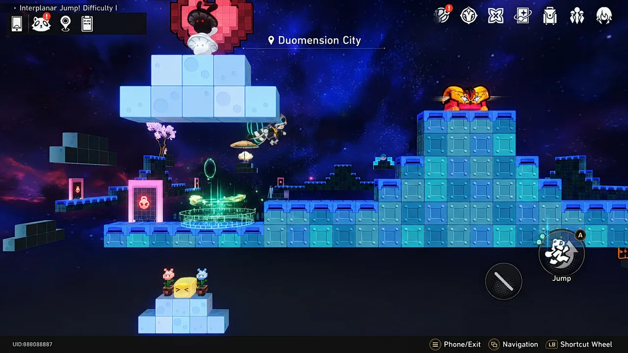 Platforming stage in progress with the Jump button highlighted on screen