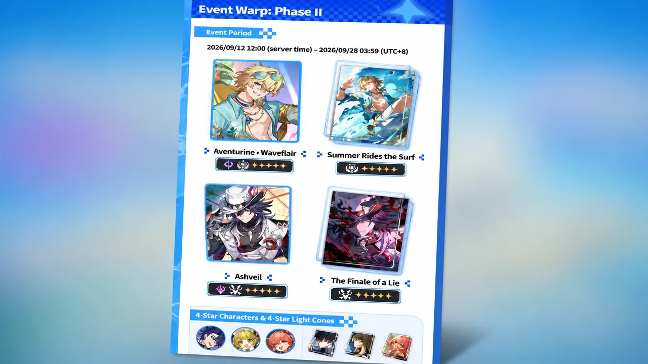 Event Warp Phase II screen showing the second-half period and its featured five-stars