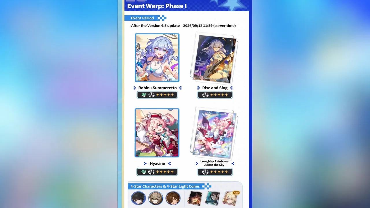 Event Warp Phase I details screen showing the run period and featured Remembrance five-stars