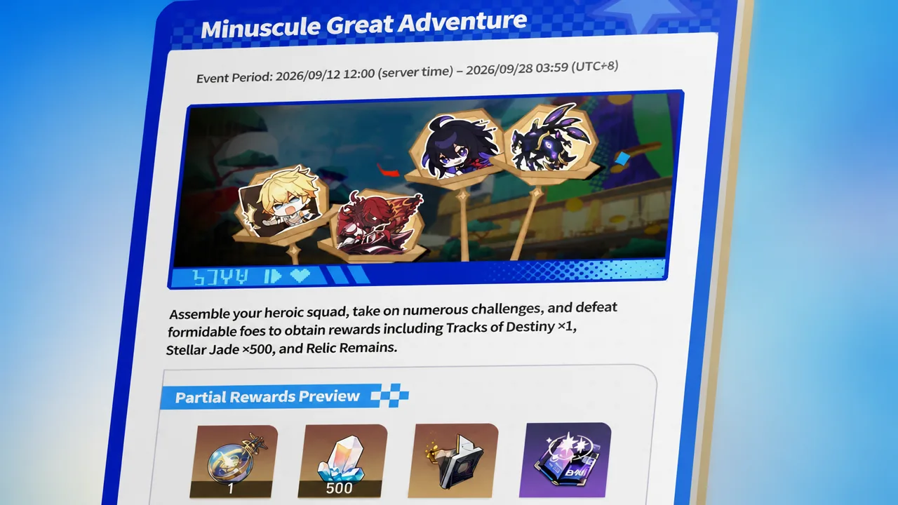 Minuscule Great Adventure event page showing its run period and partial rewards preview
