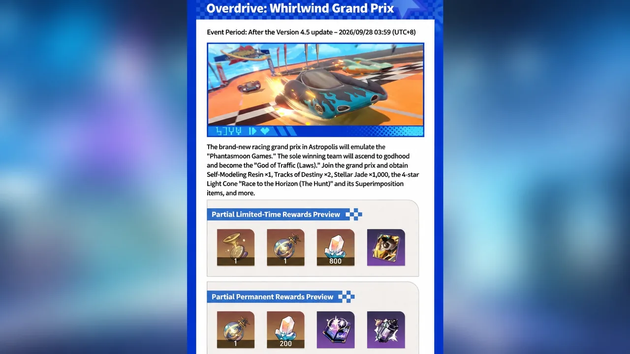 Overdrive: Whirlwind Grand Prix event page with its racing theme and reward preview
