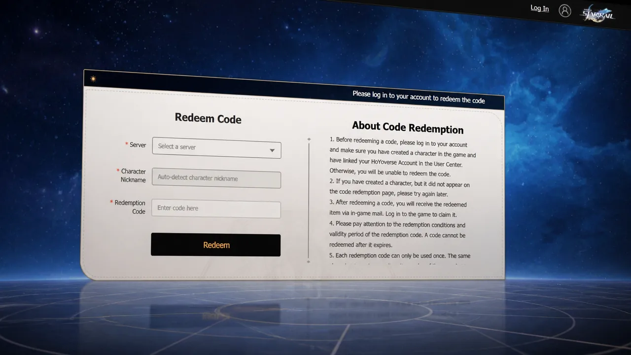Redeem Code page with server, nickname, and code fields