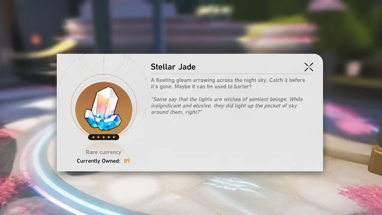 Stellar Jade item details window in Honkai Star Rail showing 89 owned