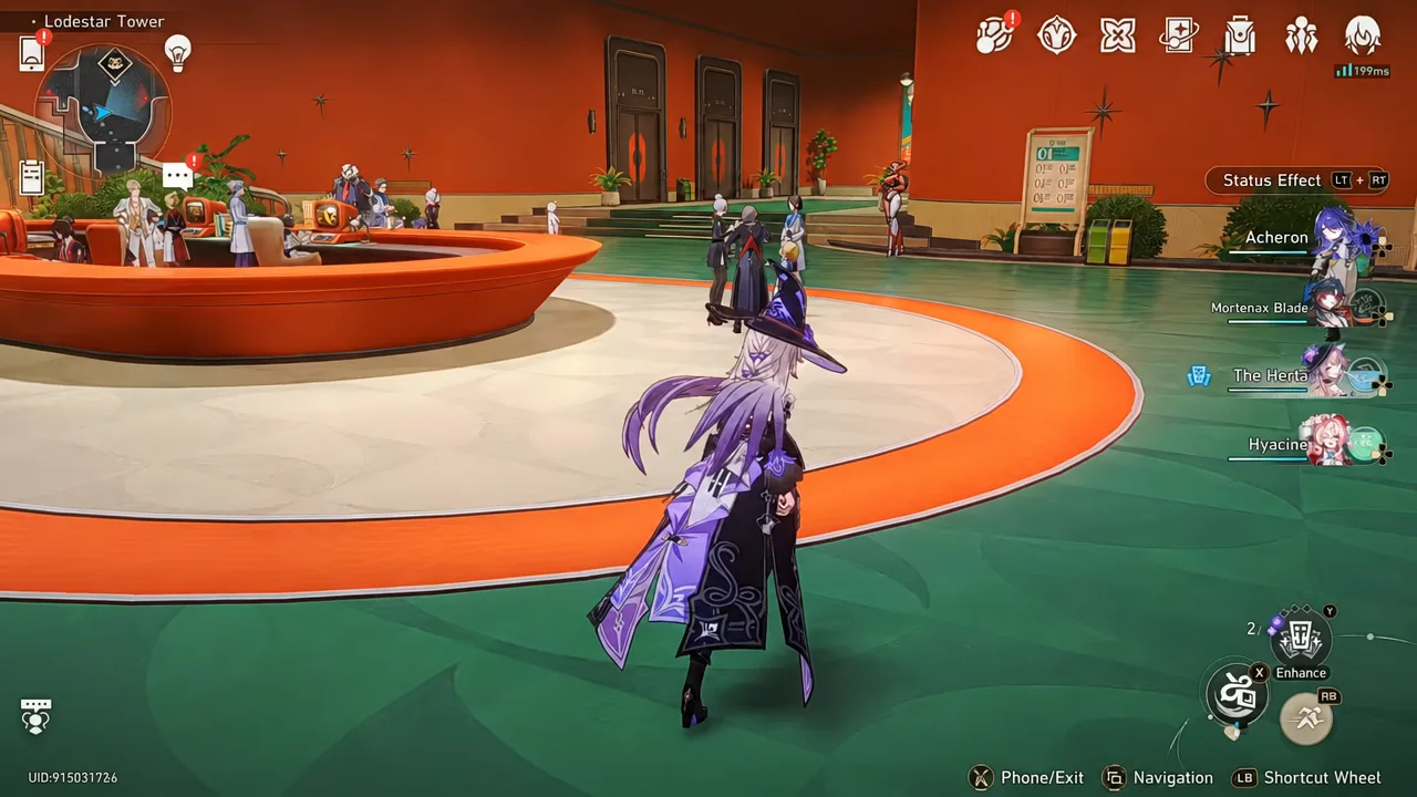 Lodestar Tower hub lobby with the party HUD and status effect control on screen