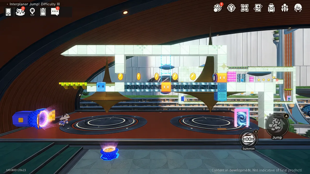 Trailblazemon approaching a glowing Interplanar Jump portal in 2D platforming mode