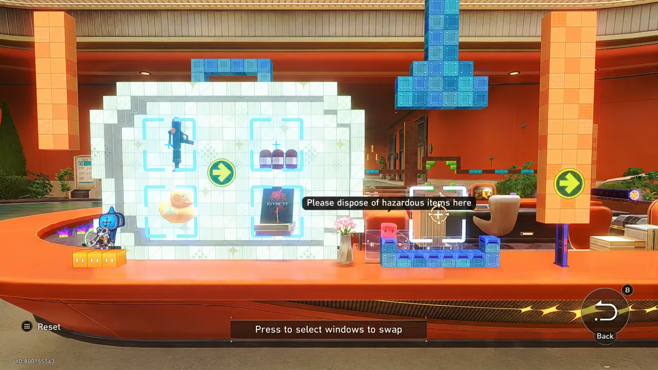Window-swapping puzzle with the hazardous-item disposal window highlighted for a swap