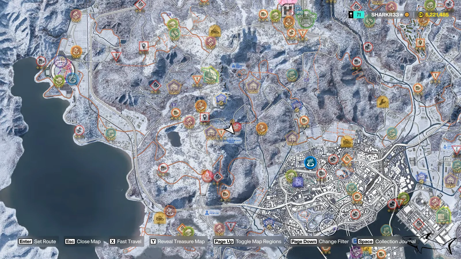Map cursor hovering over a central red activity marker to choose a destination