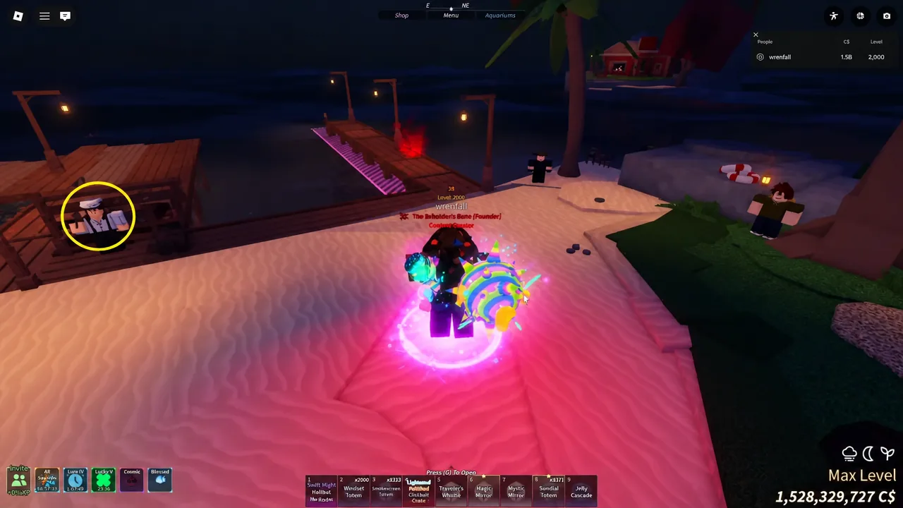 Approaching a dockside vendor to open the buy prompt.