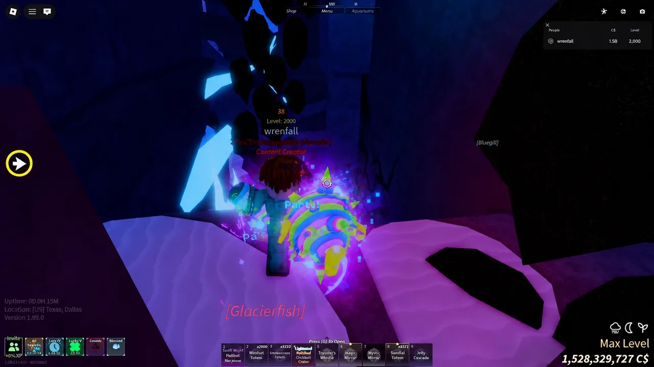 Cycling through totem inventory pages while standing in a glowing cavern before forcing the weather