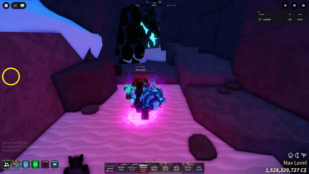 Player pushing through the glowing tunnels of Snowcap Cave on the way to the totem merchant