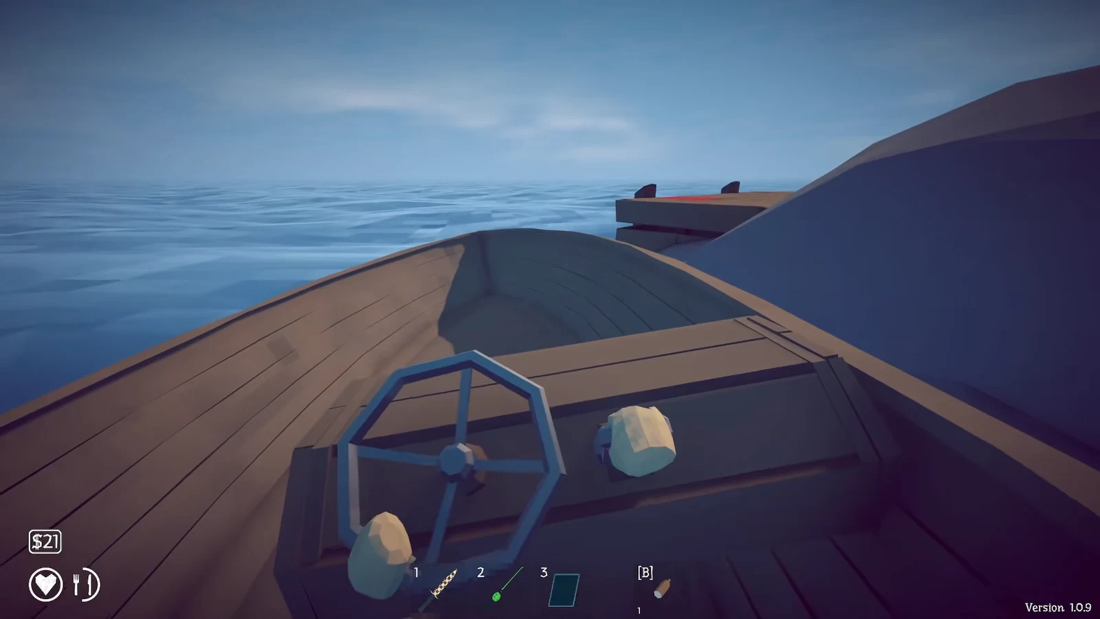 First-person view holding the raft's wheel while driving across the open ocean