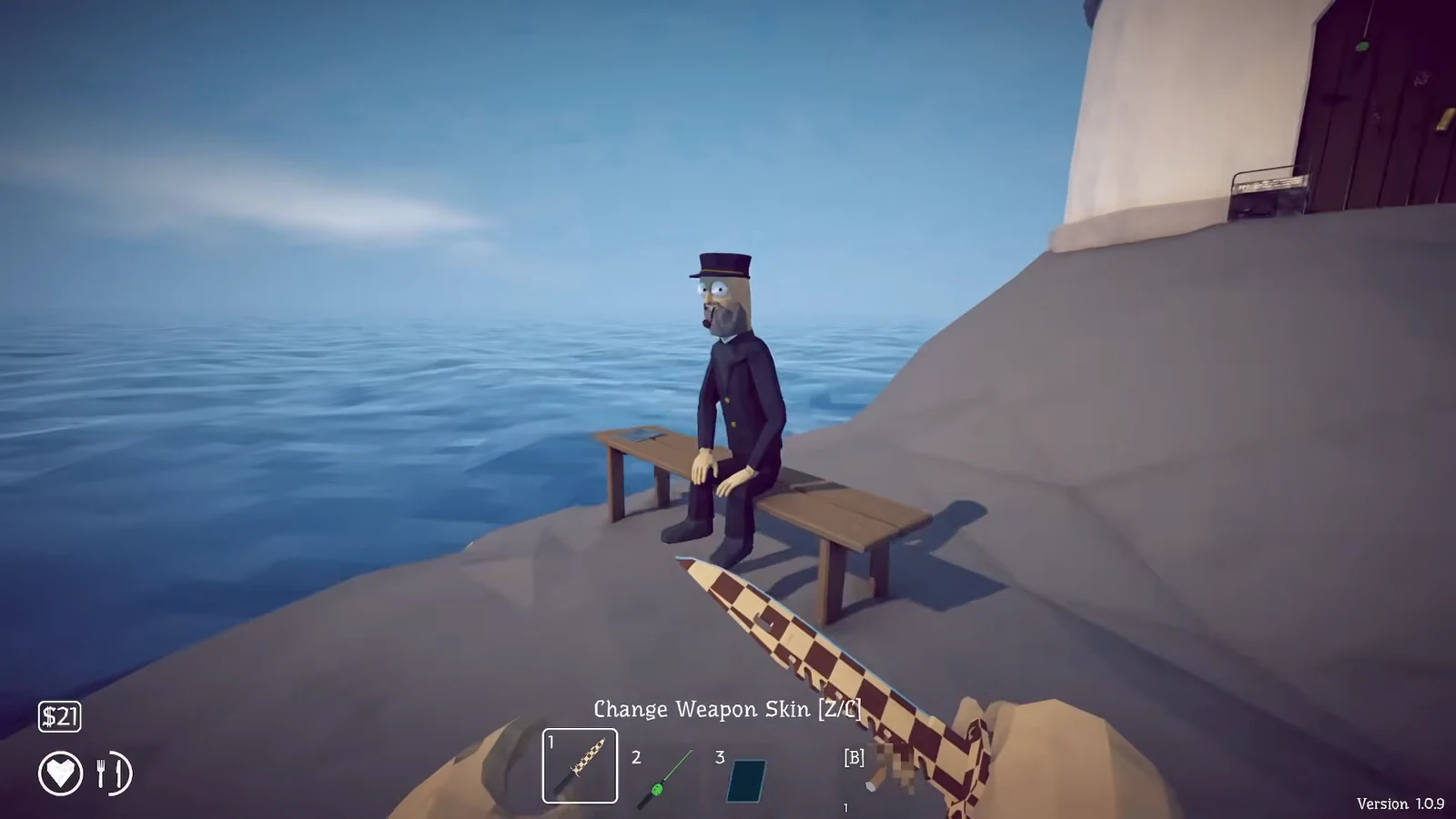 Checkered knife equipped with a Change Weapon Skin prompt while walking back to the keeper