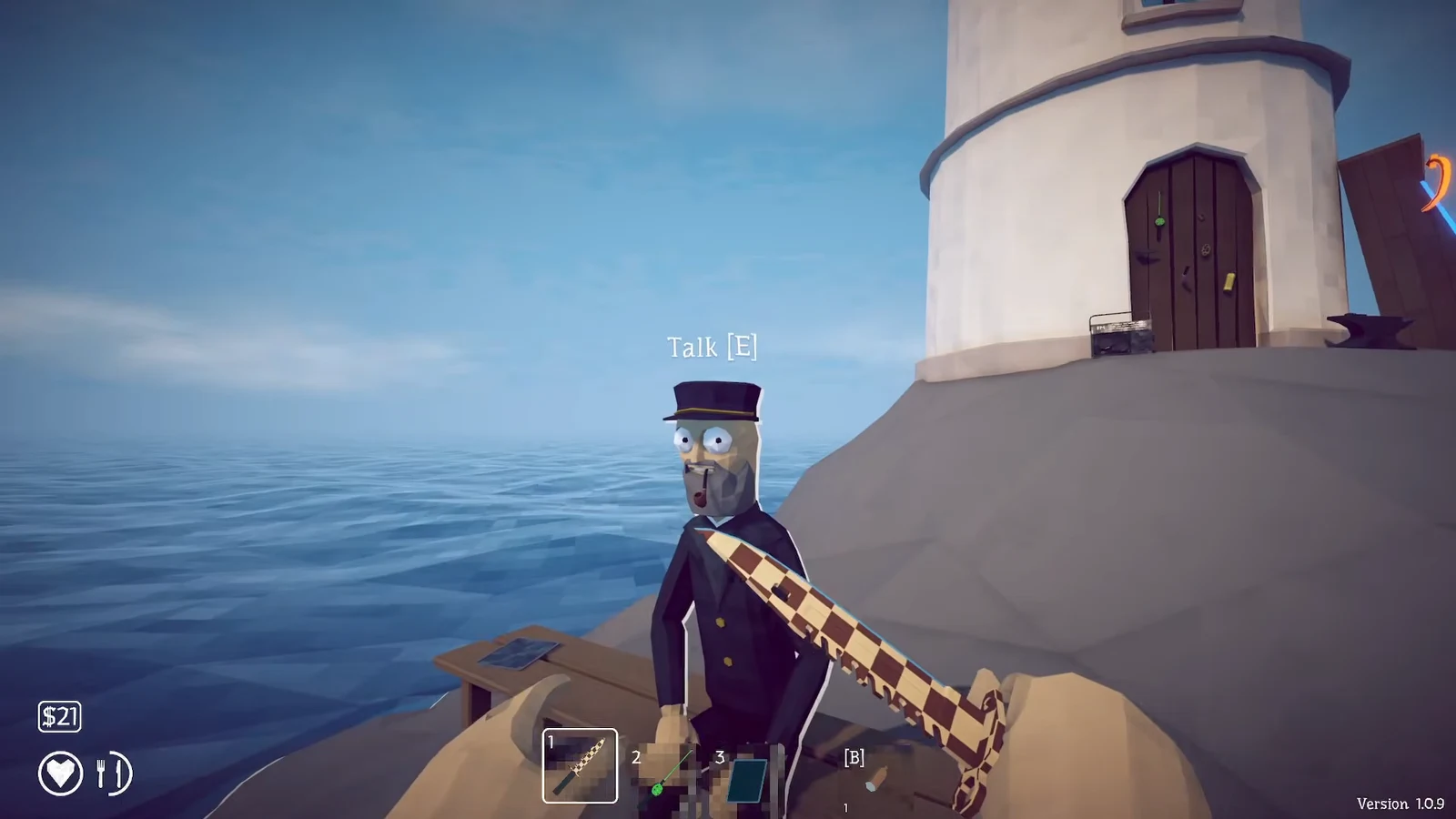 Talk [E] prompt above the seated lighthouse keeper near the lighthouse