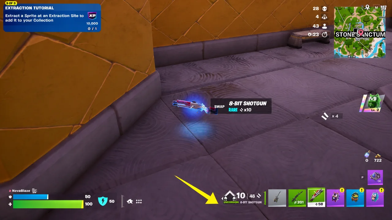Player inventory bar with the 8-Bit Shotgun slot highlighted while swapping weapons
