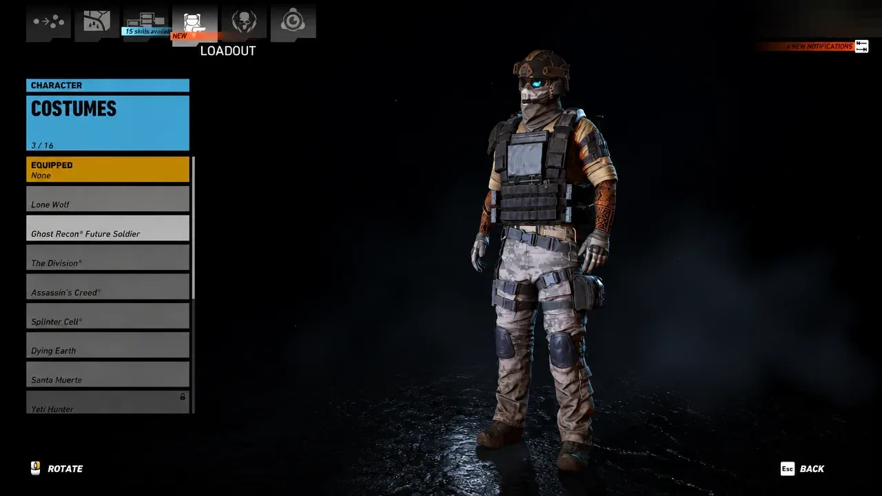 GR Wildlands Future Soldier costume menu