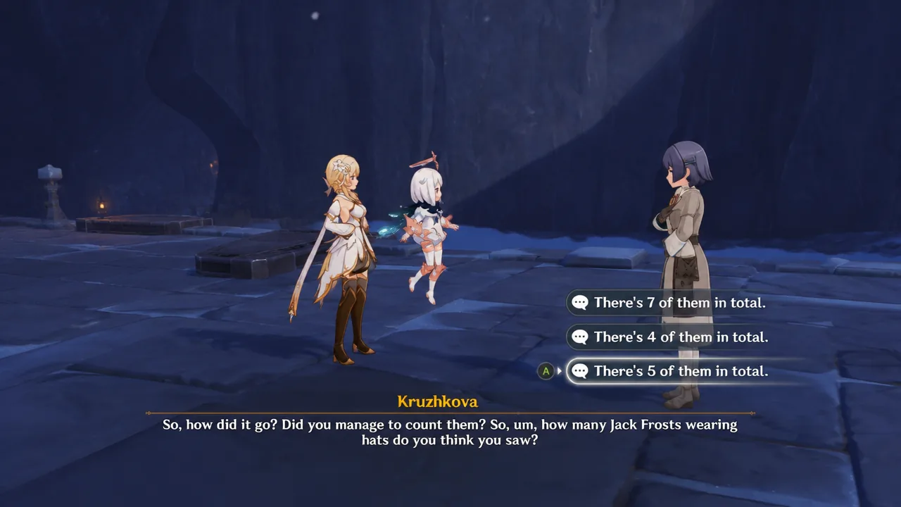 genshin-impact-kruzhkova-quest-how-many-jack-frost-wearing-hats-in-the-train