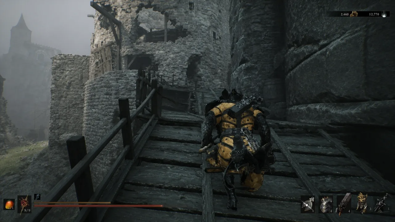 Climbing the wooden ramp beside the fortress wall on the way to the gate lever