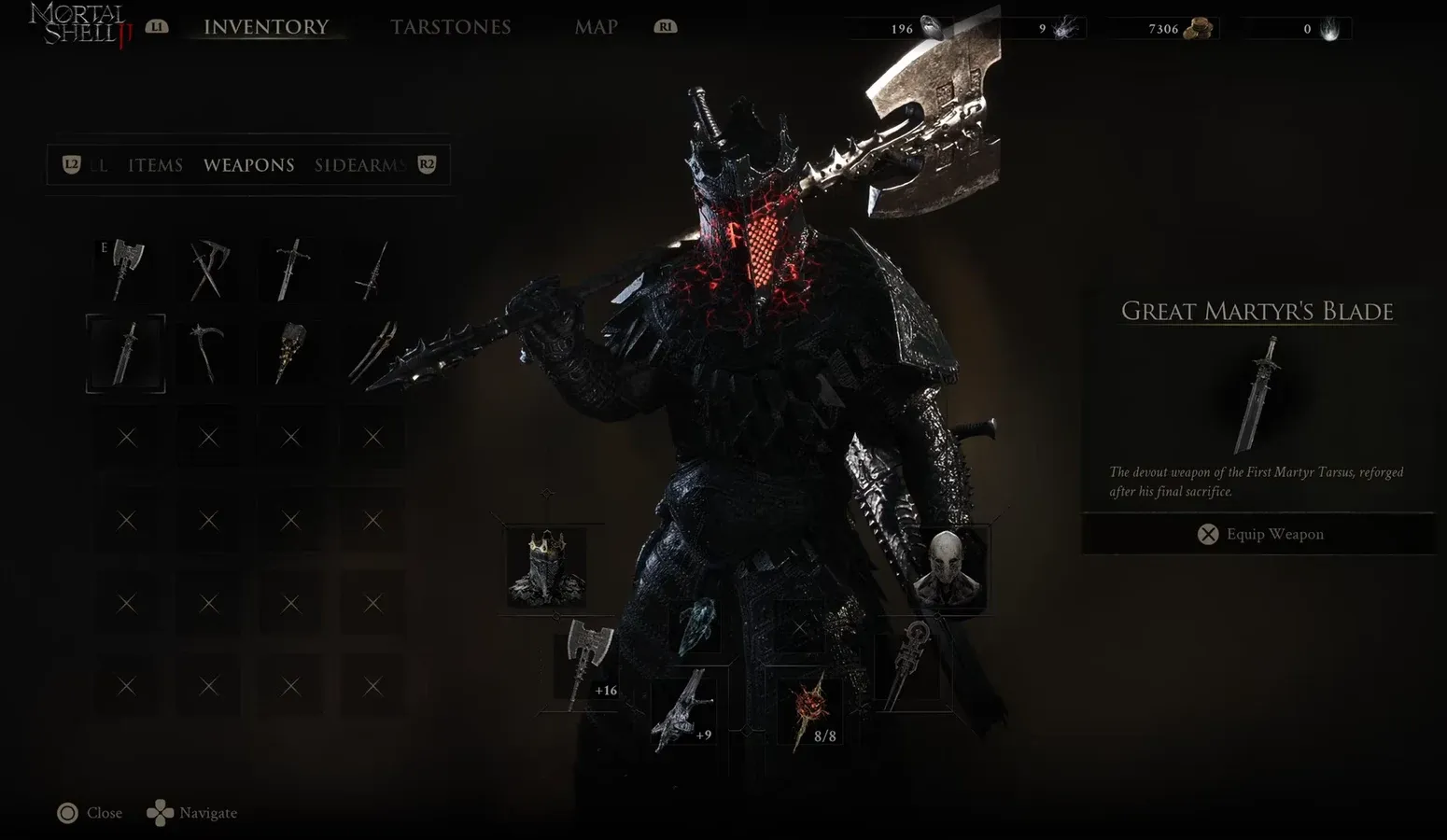 Weapons tab highlighting the Great Martyr's Blade with the equip weapon option