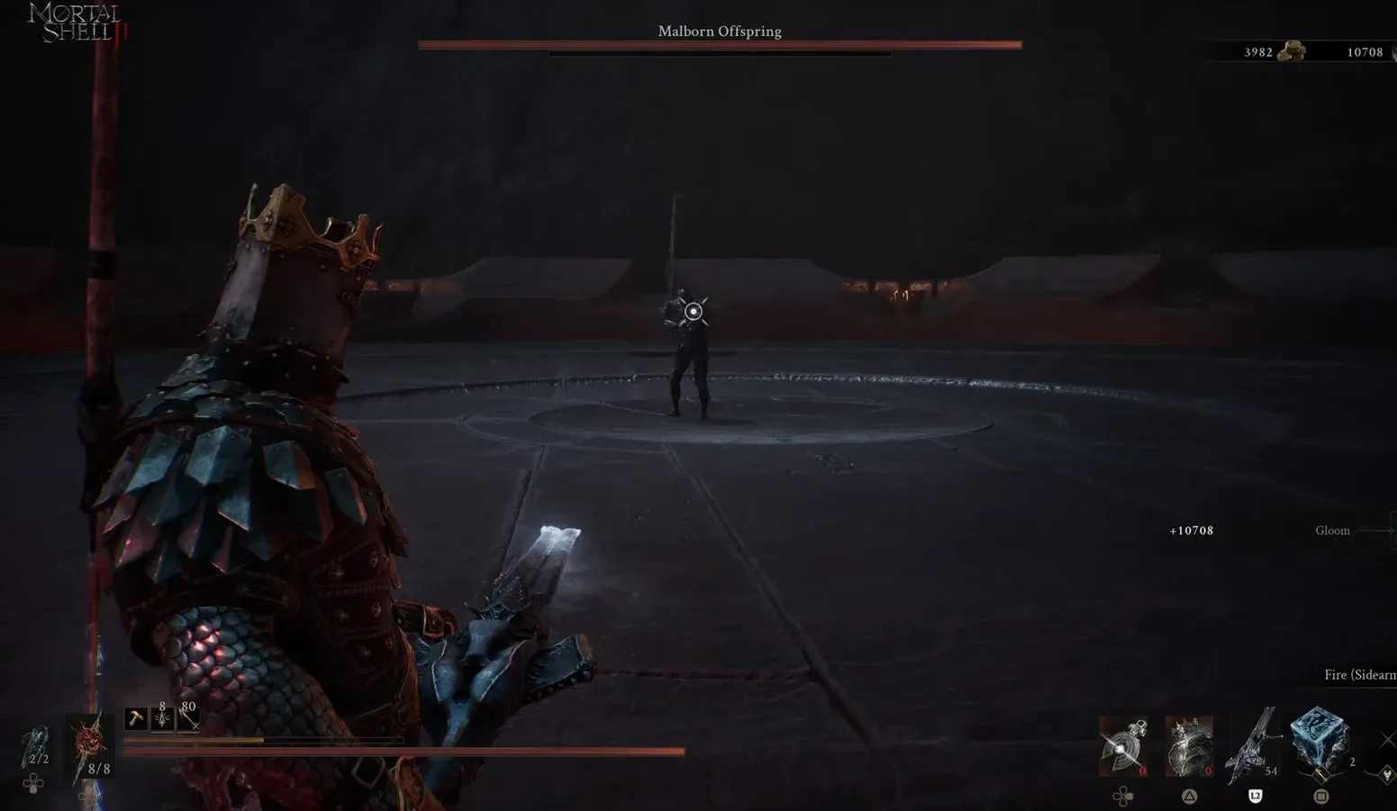 Player targeting Malborn Offspring with the Fire sidearm R2 prompt visible in the arena