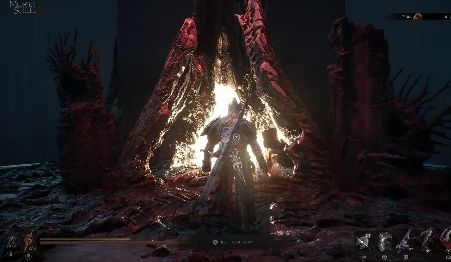 REST AT BEACON prompt shown as the character stands before a glowing beacon