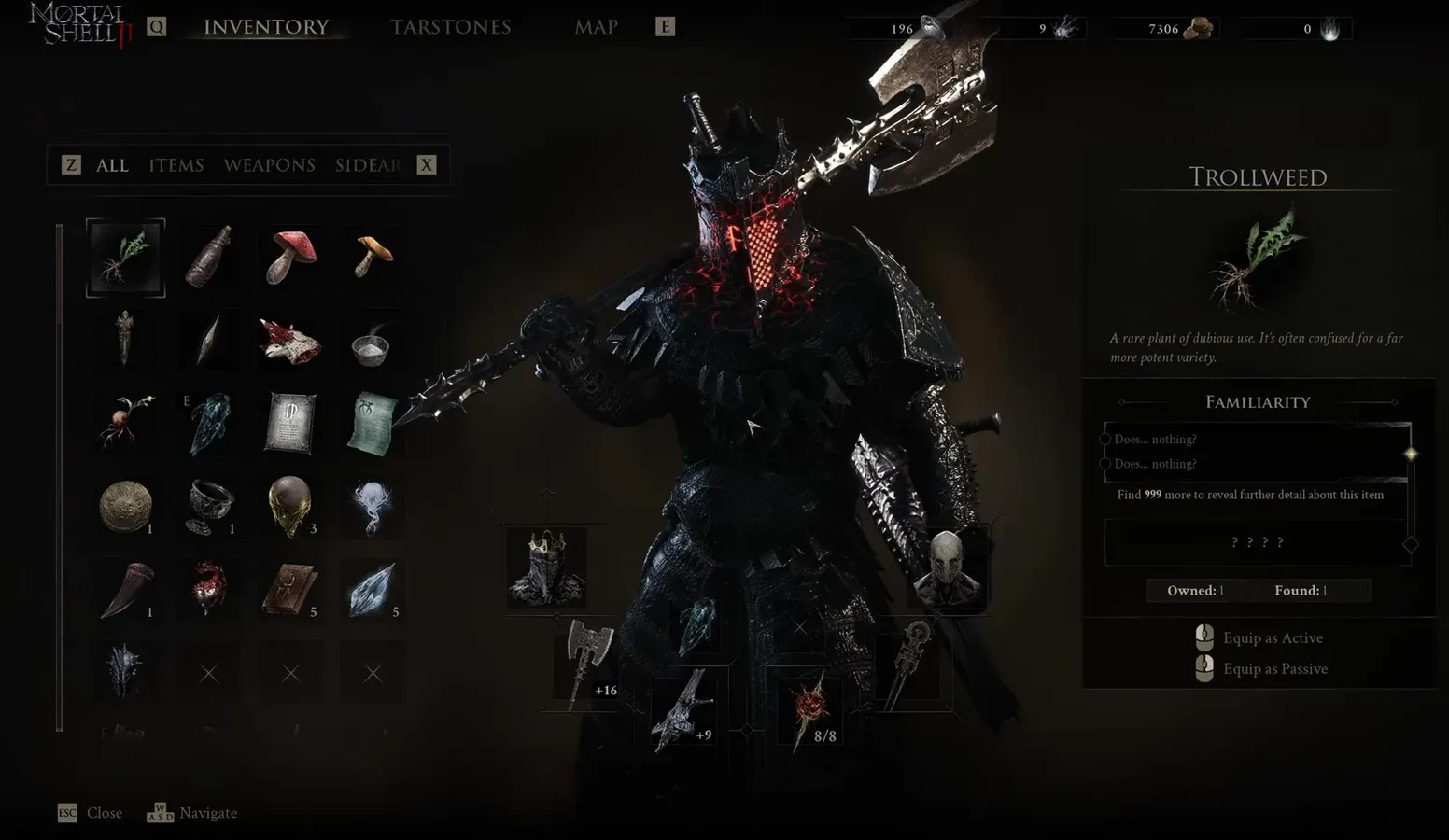 Inventory menu showing an item highlighted with equip options for the Fire/Axe Tarstone build