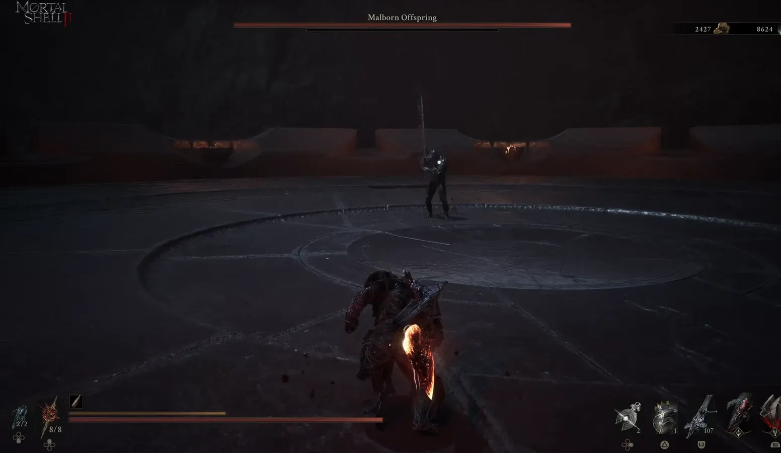 Malborn Offspring health bar on screen as the player enters the dark arena with a flaming weapon