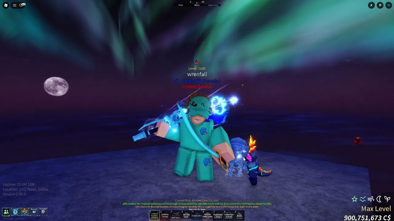 Fisch player standing on the deck with the totem hotbar and status HUD visible while cycling weather