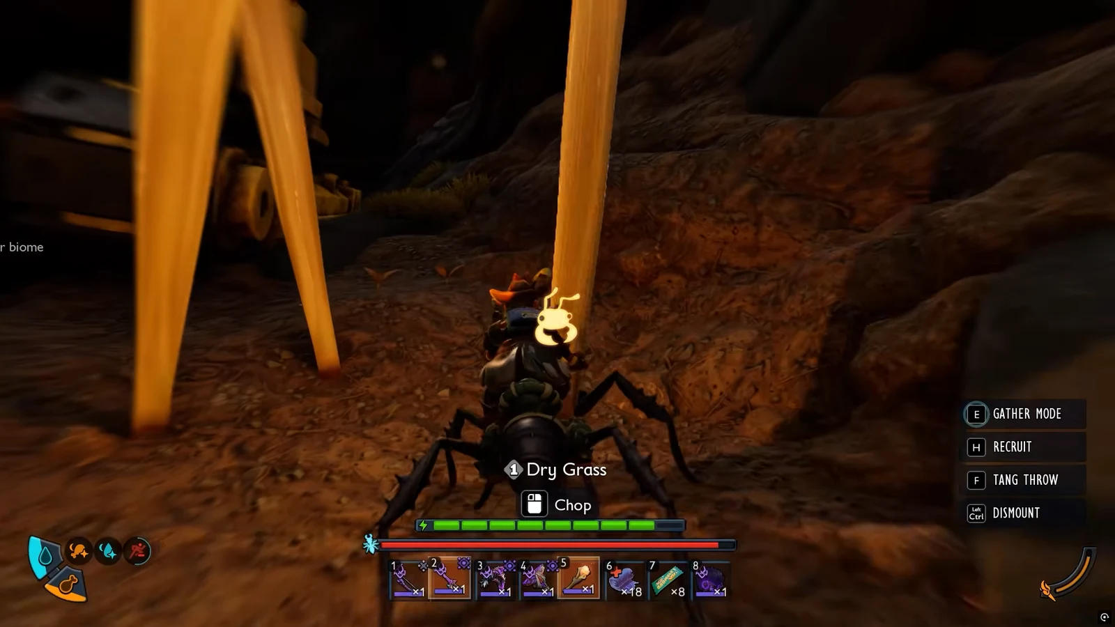 Mounted HUD showing a Chop action on Dry Grass while climbing the excavator arm