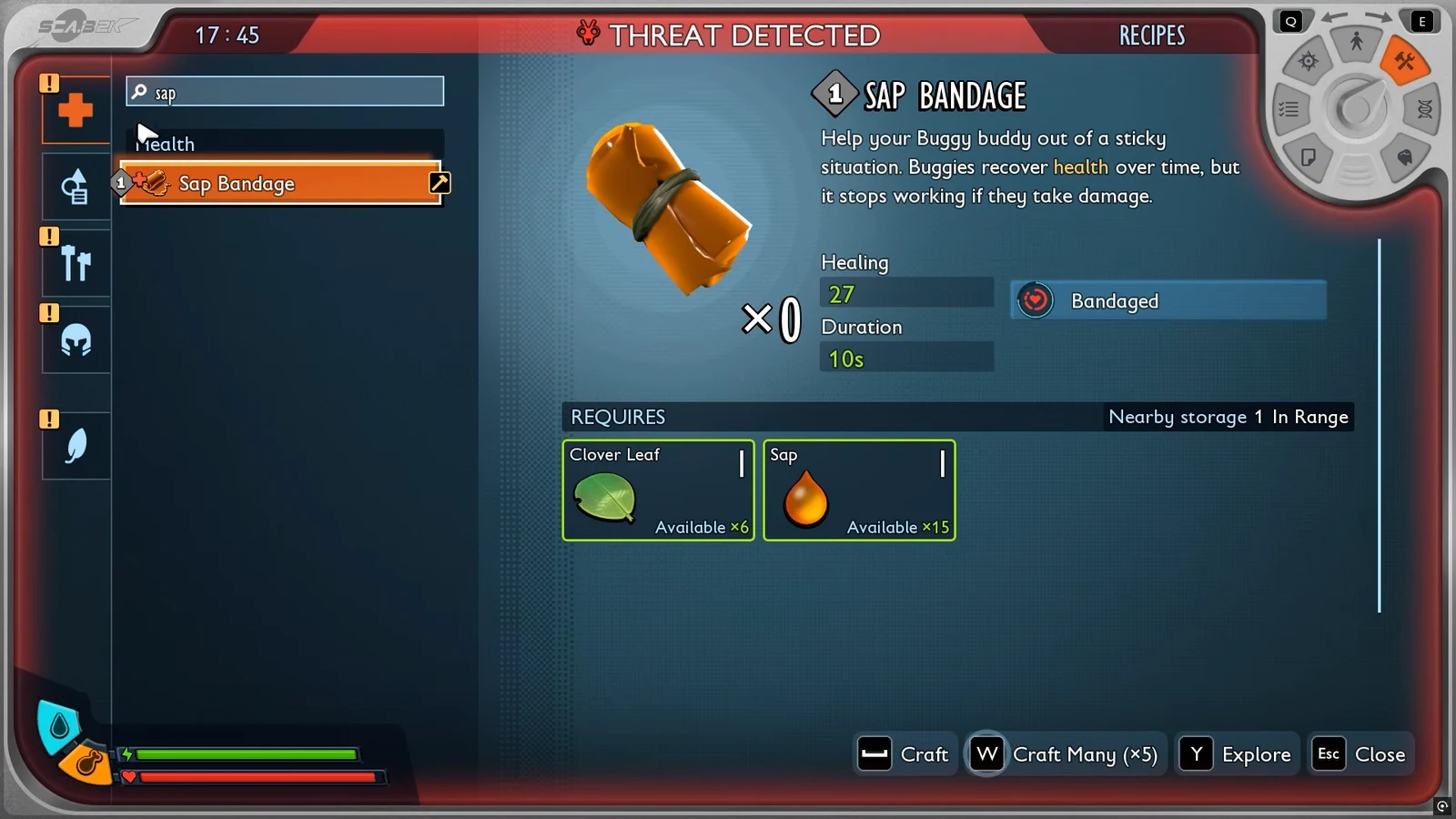 Recipes menu showing the Sap Bandage with its healing stats and Clover Leaf and Sap materials
