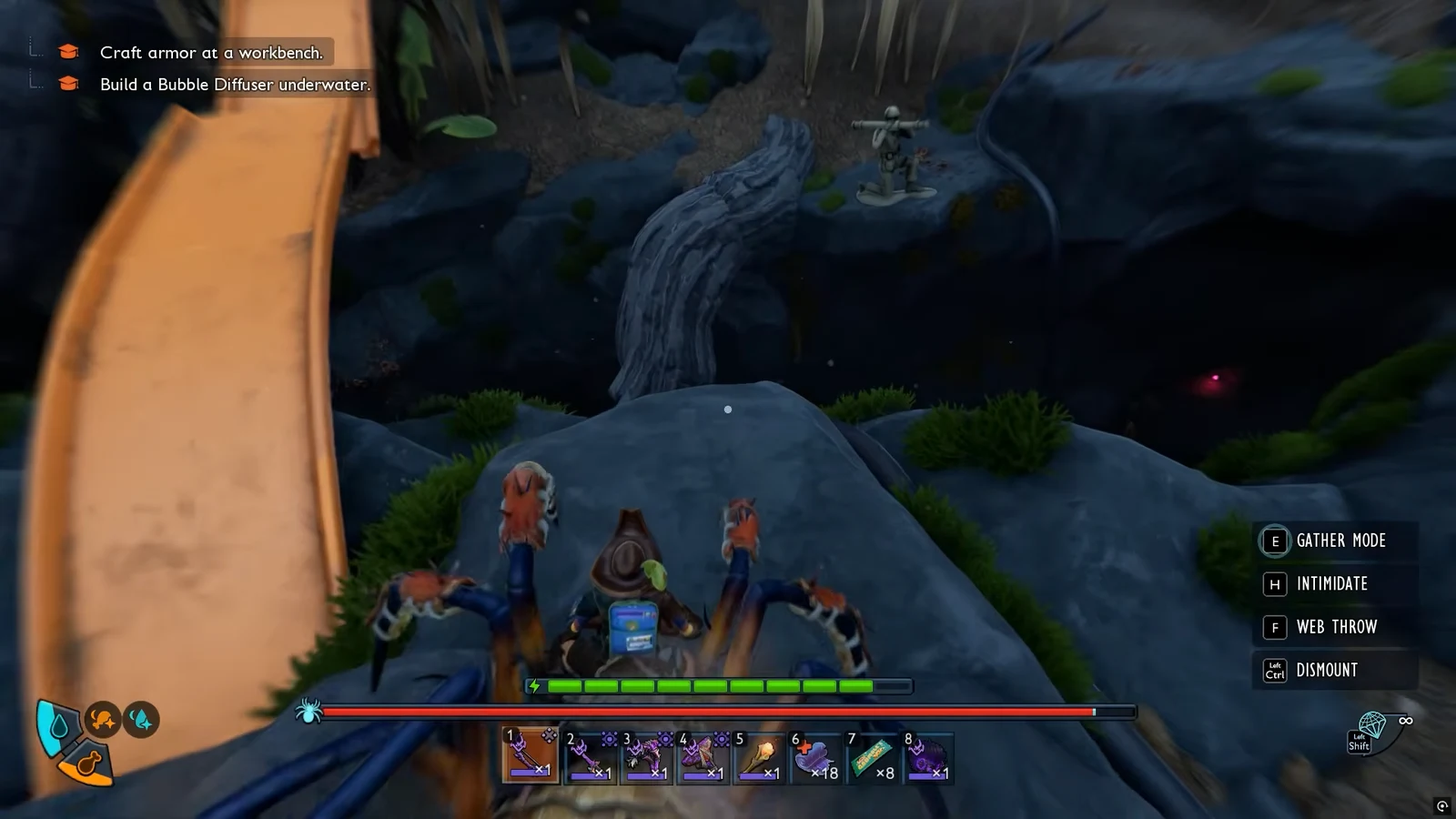 Mounted view returning toward the excavator with underwater objectives visible on the HUD