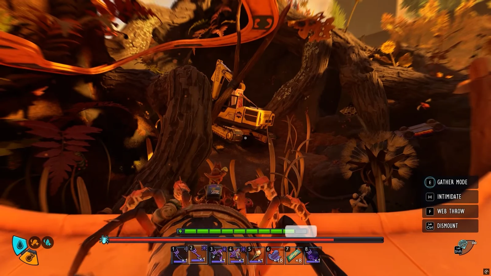 Player riding a mount toward the excavator to reach the Funpit Works controller console