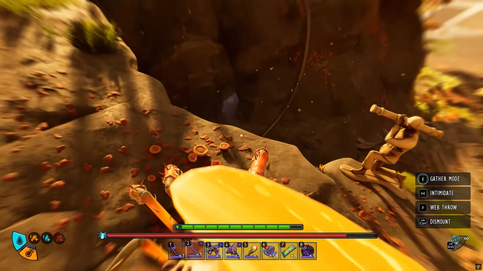 Mounted HUD with Gather Mode, Intimidate, Web Throw, and Dismount controls while crossing the chasm