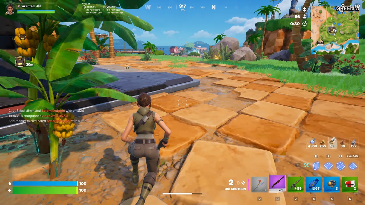 Player moving through the console building with the Oni Shotgun equipped