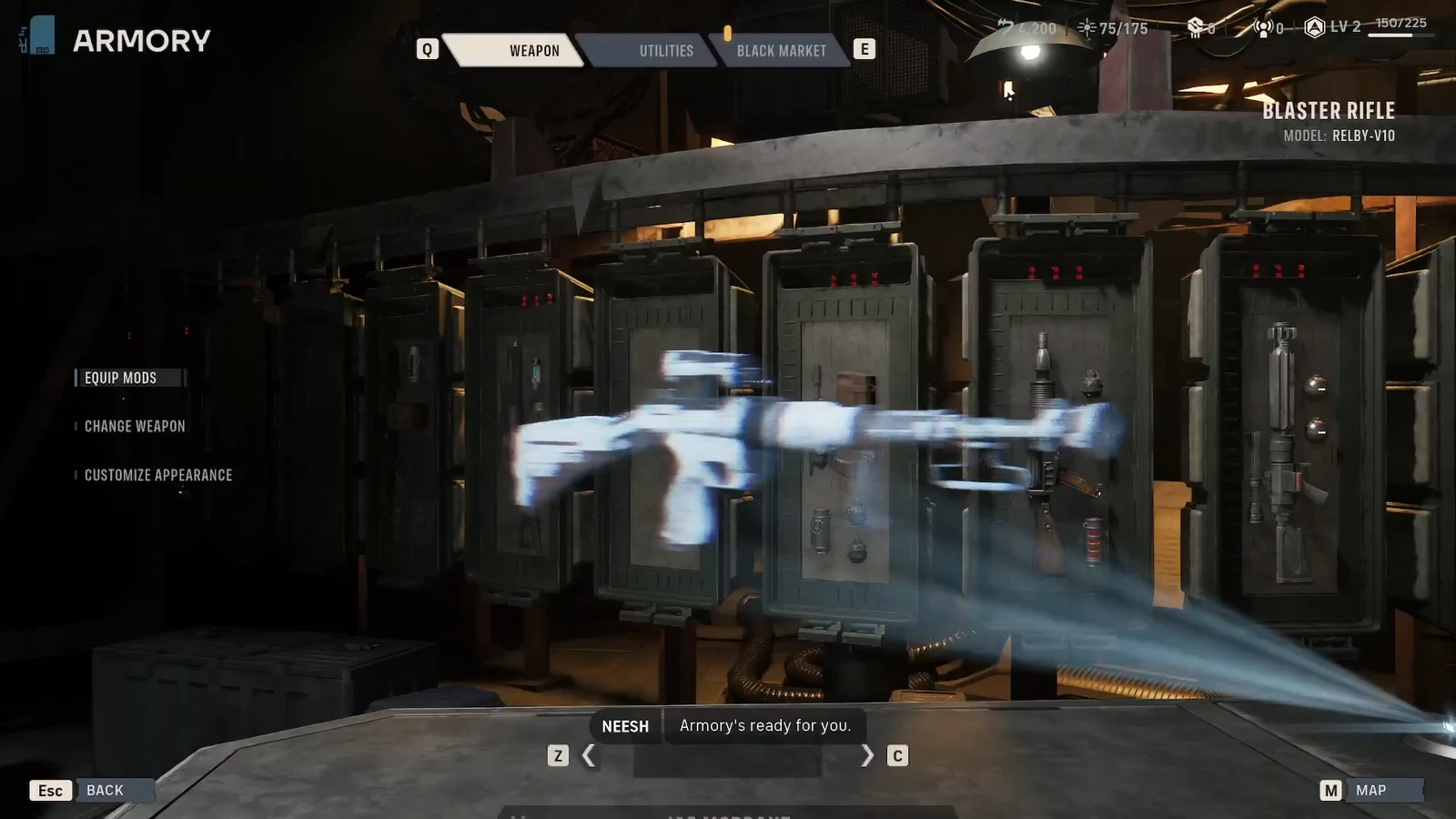Armory Weapon tab showing a Blaster Rifle with Equip Mods, Change Weapon and Customize Appearance options