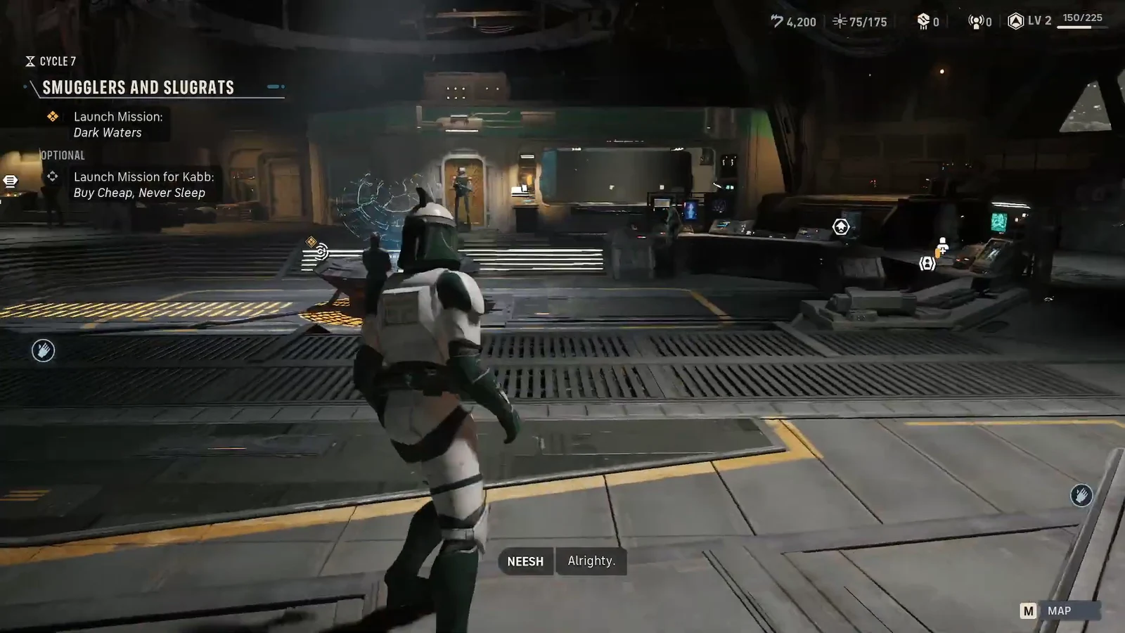 The Den hub with a mission panel showing Launch Mission: Dark Waters while walking toward the Armory