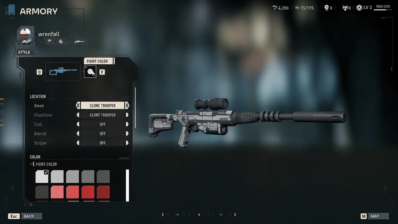 Paint Color menu open in the Armory with a Clone Trooper style rifle in the preview