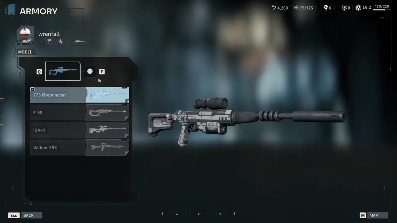 Model selection menu in the Armory with 773 Firepuncher highlighted next to the weapon preview
