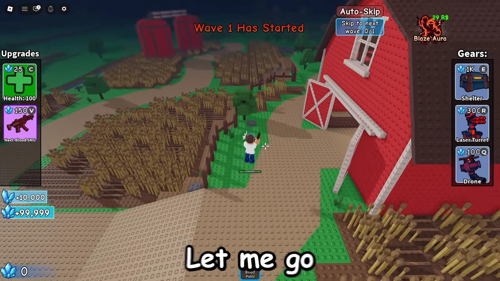 Wave 1 starting on the farm with Shelter, Laser Turret, and Drone on the gear bar