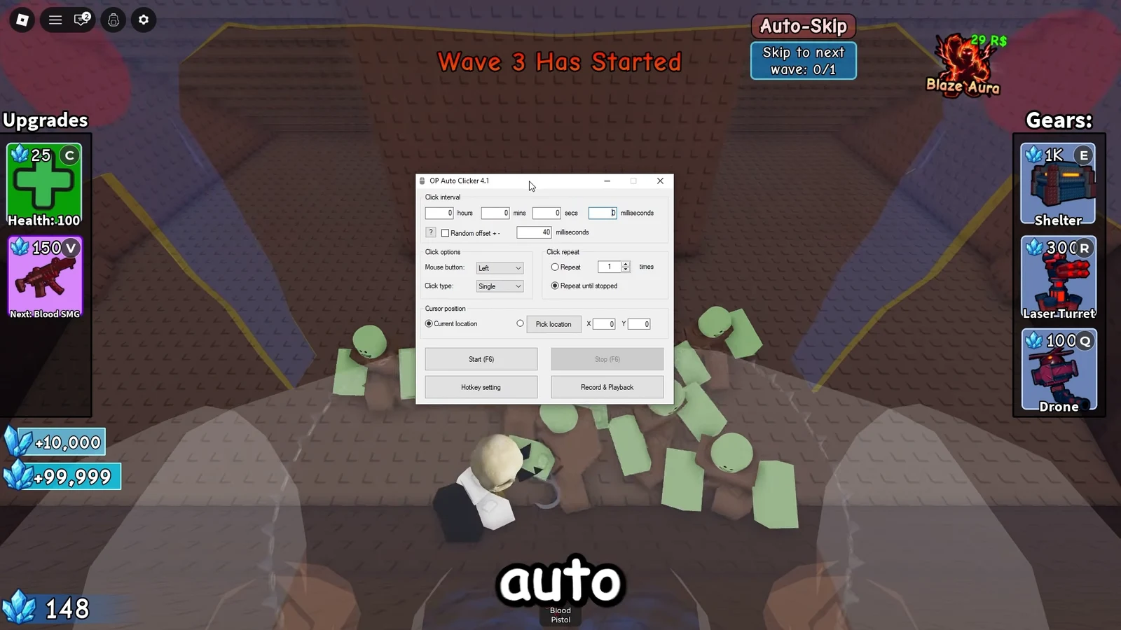 OP Auto Clicker 4.1 with the milliseconds interval field selected
