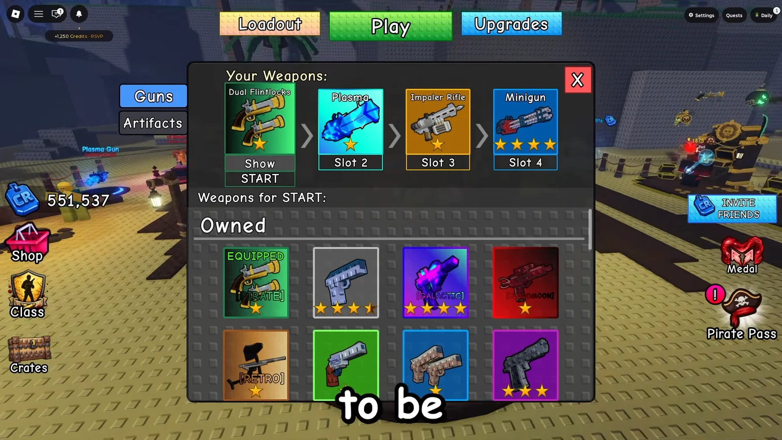 Guns menu with Dual Flintlocks as start weapon plus Plasma, Impaler Rifle, and Minigun