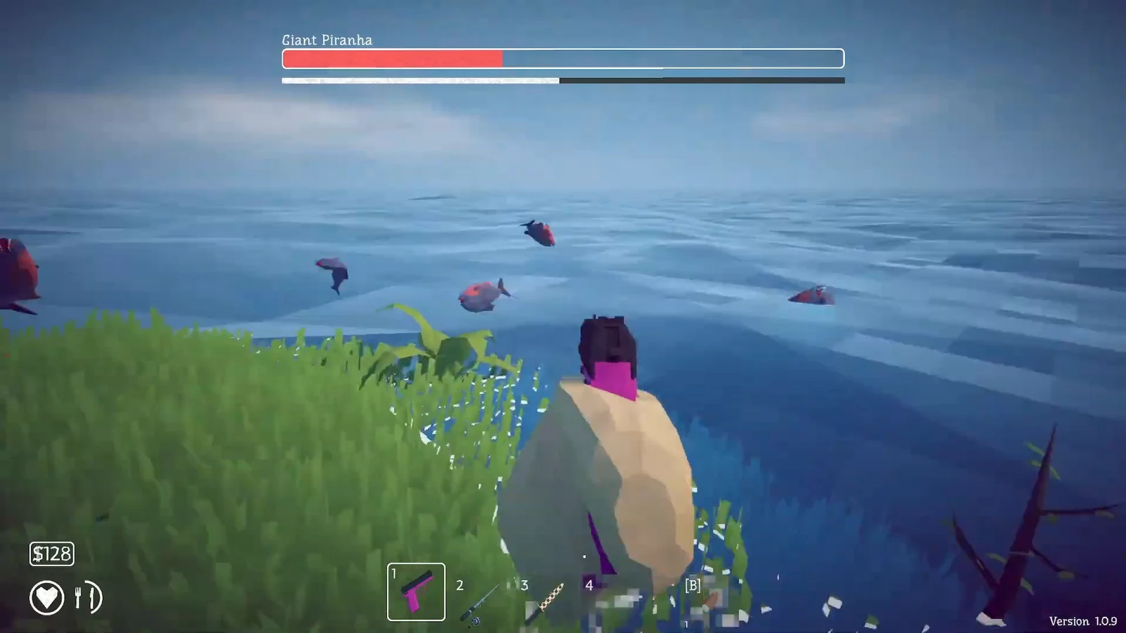 Aiming a pistol at floating piranhas as the Giant Piranha health bar drops toward zero