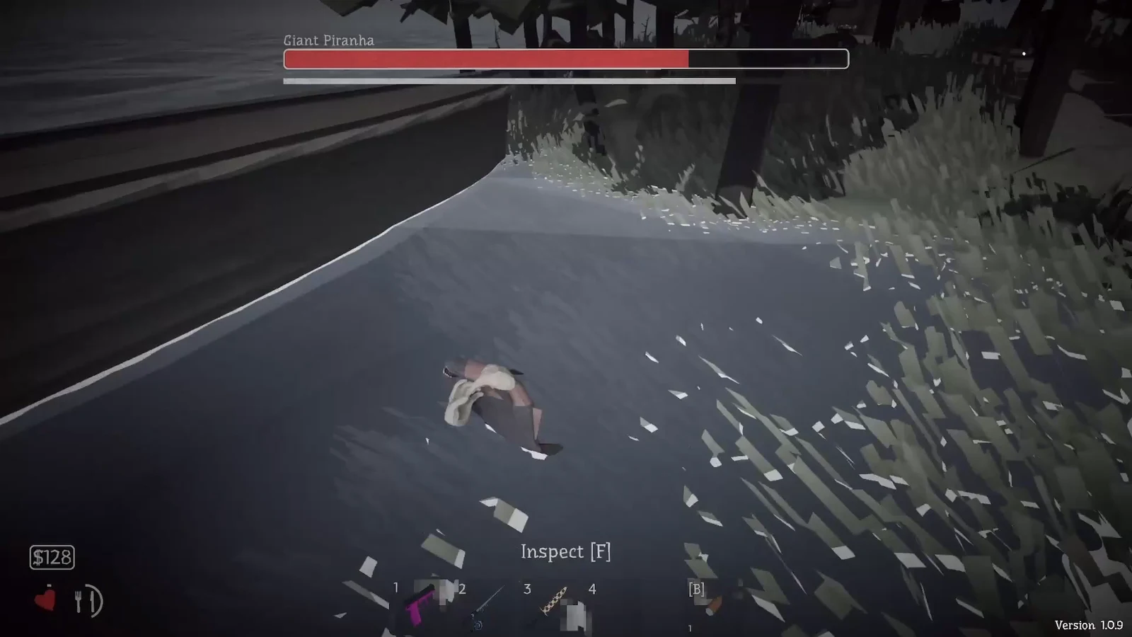 Player targeting a fallen piranha body with an Inspect prompt during the boss fight