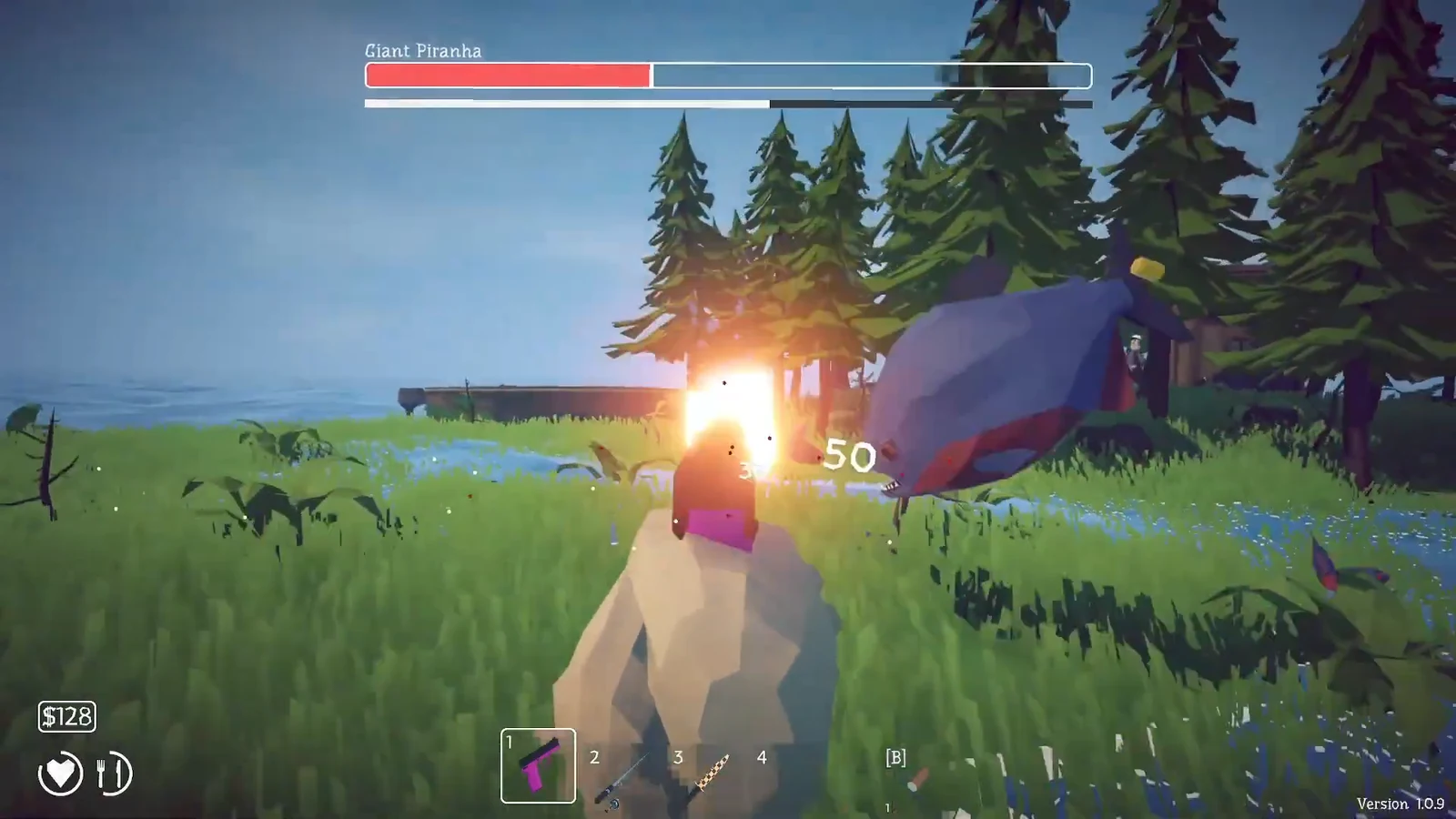 Pistol hitting the Giant Piranha for 50 damage with the boss health bar on screen