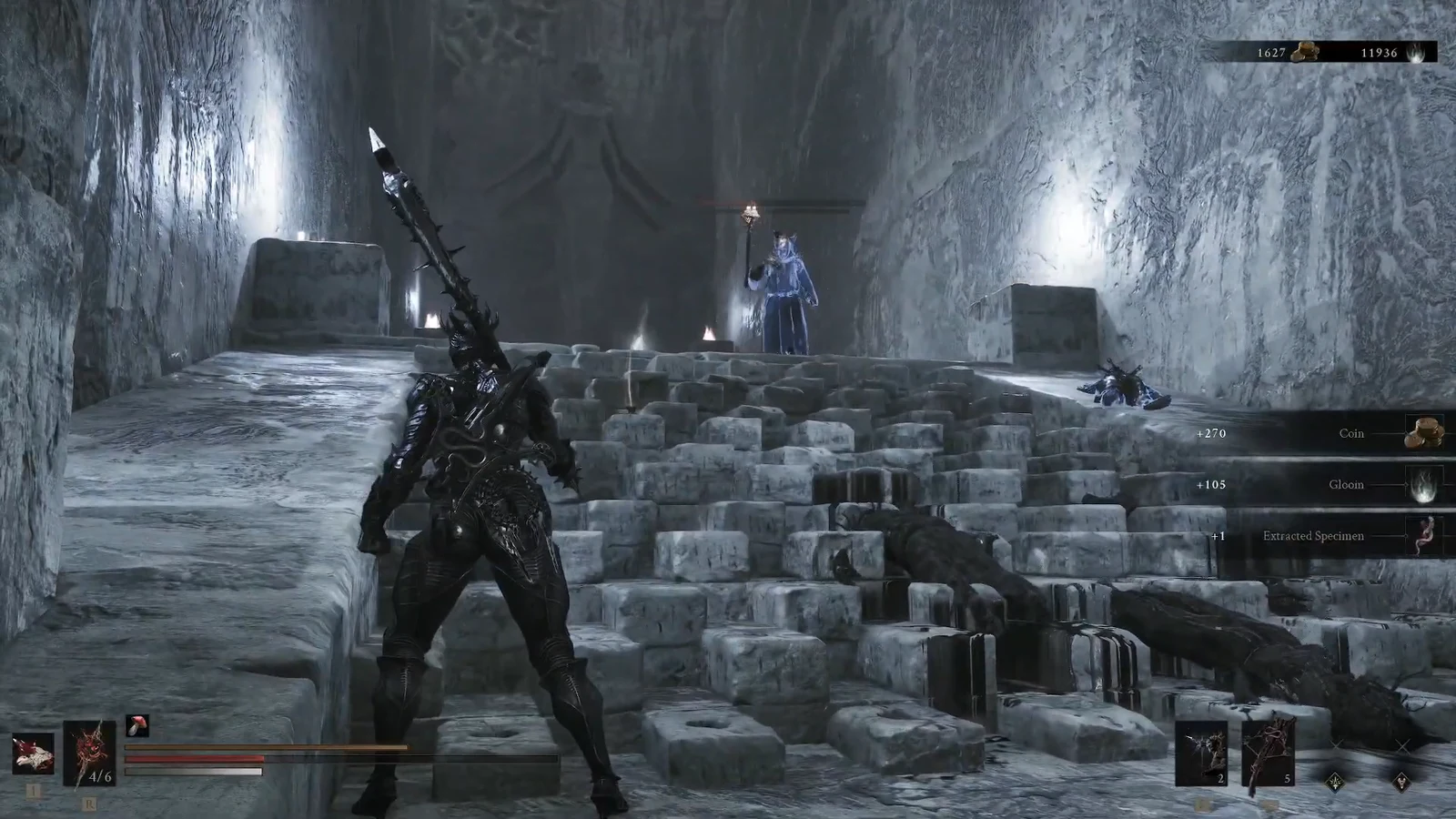 Harbinger wielding a large spear against a blue-robed enemy in an icy chamber