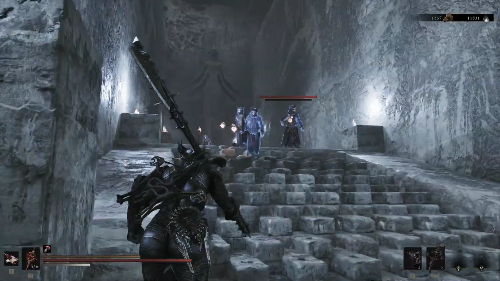 Armored Harbinger climbing icy stone steps toward glowing enemies with a red health bar showing