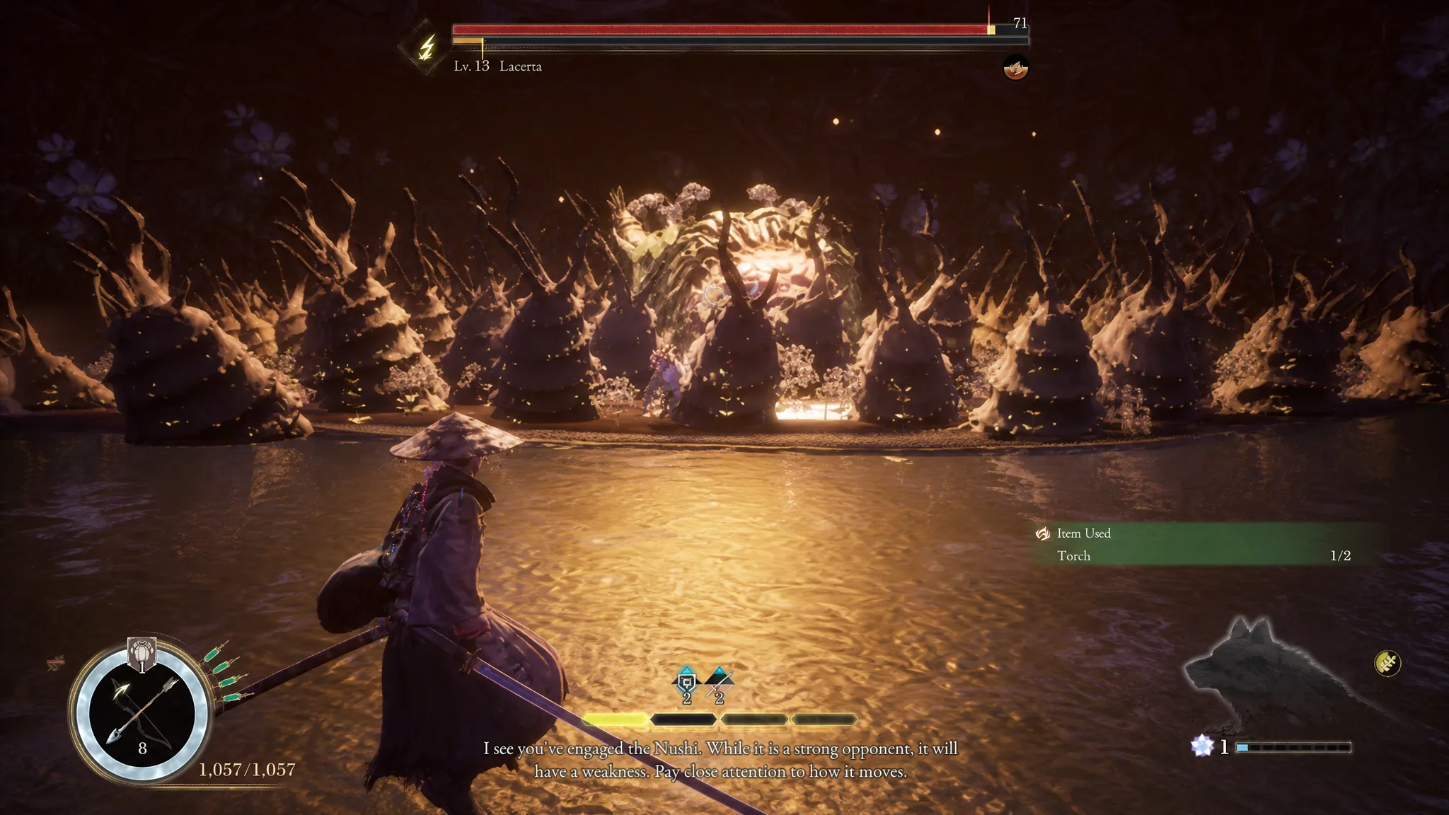 Emma is shown backing off while Lacerta unleashes a thorny AoE attack in Beast of Reincarnation