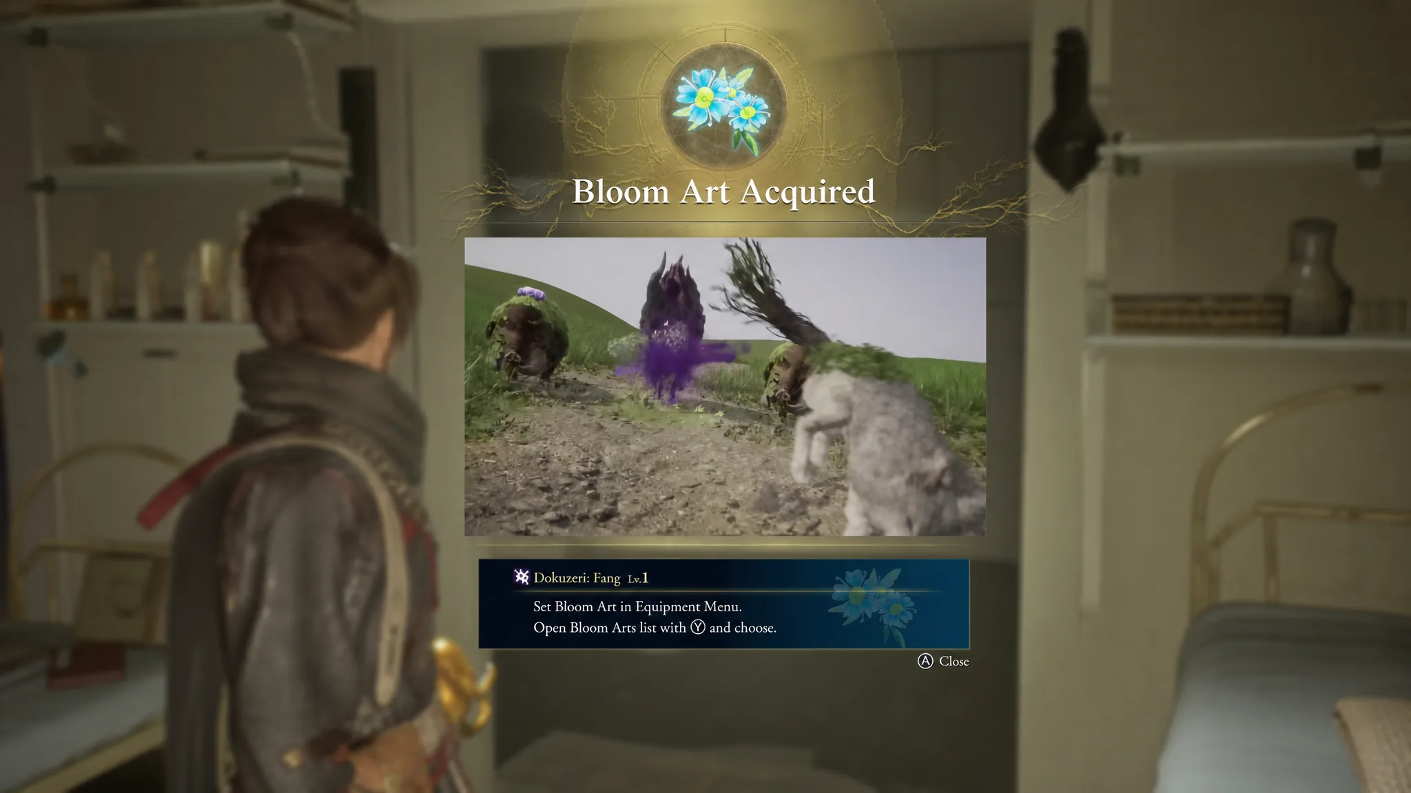 The Dokuzeri Fang Bloom Art is shown being unlocked in Beast of Reincarnation