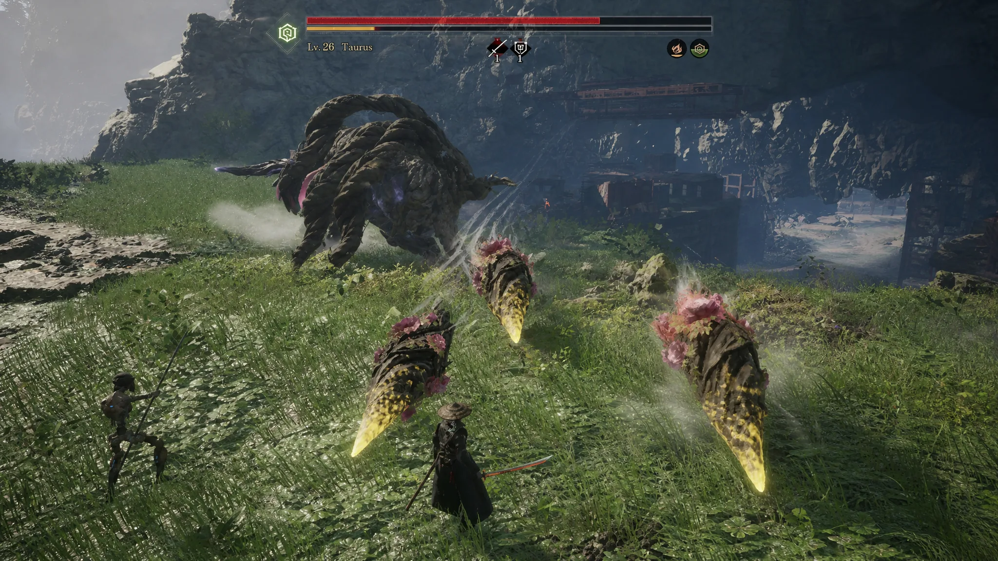 Taurus fires projectile seeds at Emma from its tail in Beast of Reincarnation